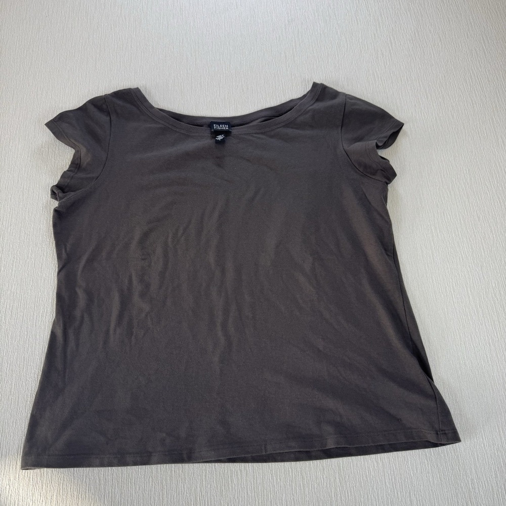Eileen Fisher Womens L Organic Brown Short Sleeve Top Boxy RN 78121 Lagenlook